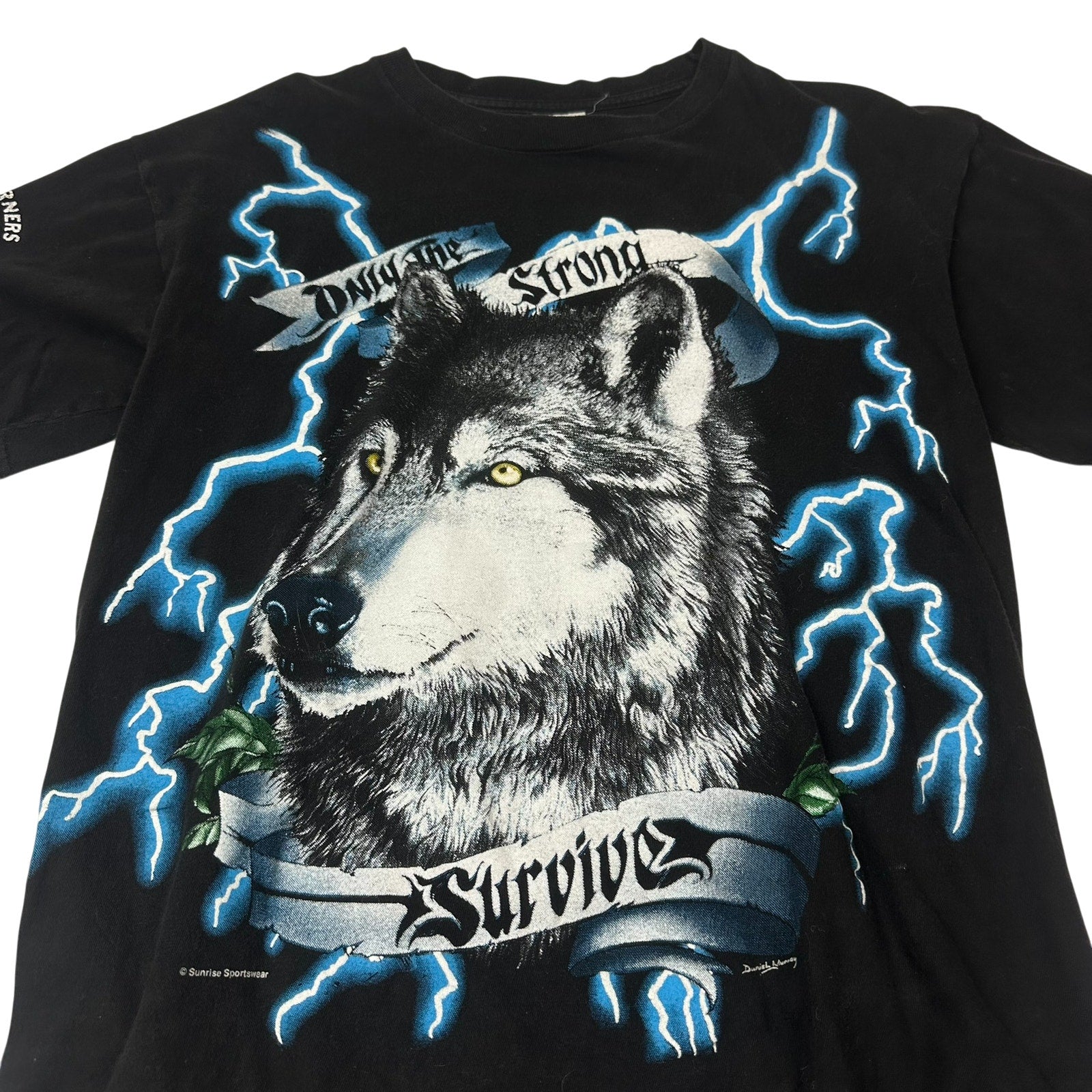 VTG 90s USA Thunder Wolf Lightning All Over Print Tee L